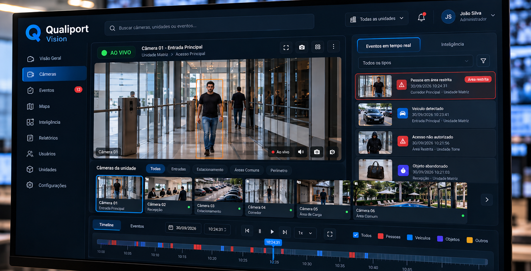 VMS Qualiport Vision no desktop: câmera ao vivo, eventos em tempo real e timeline