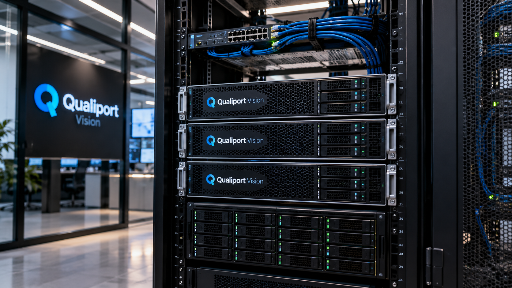 Rack com os servidores da infraestrutura Qualiport