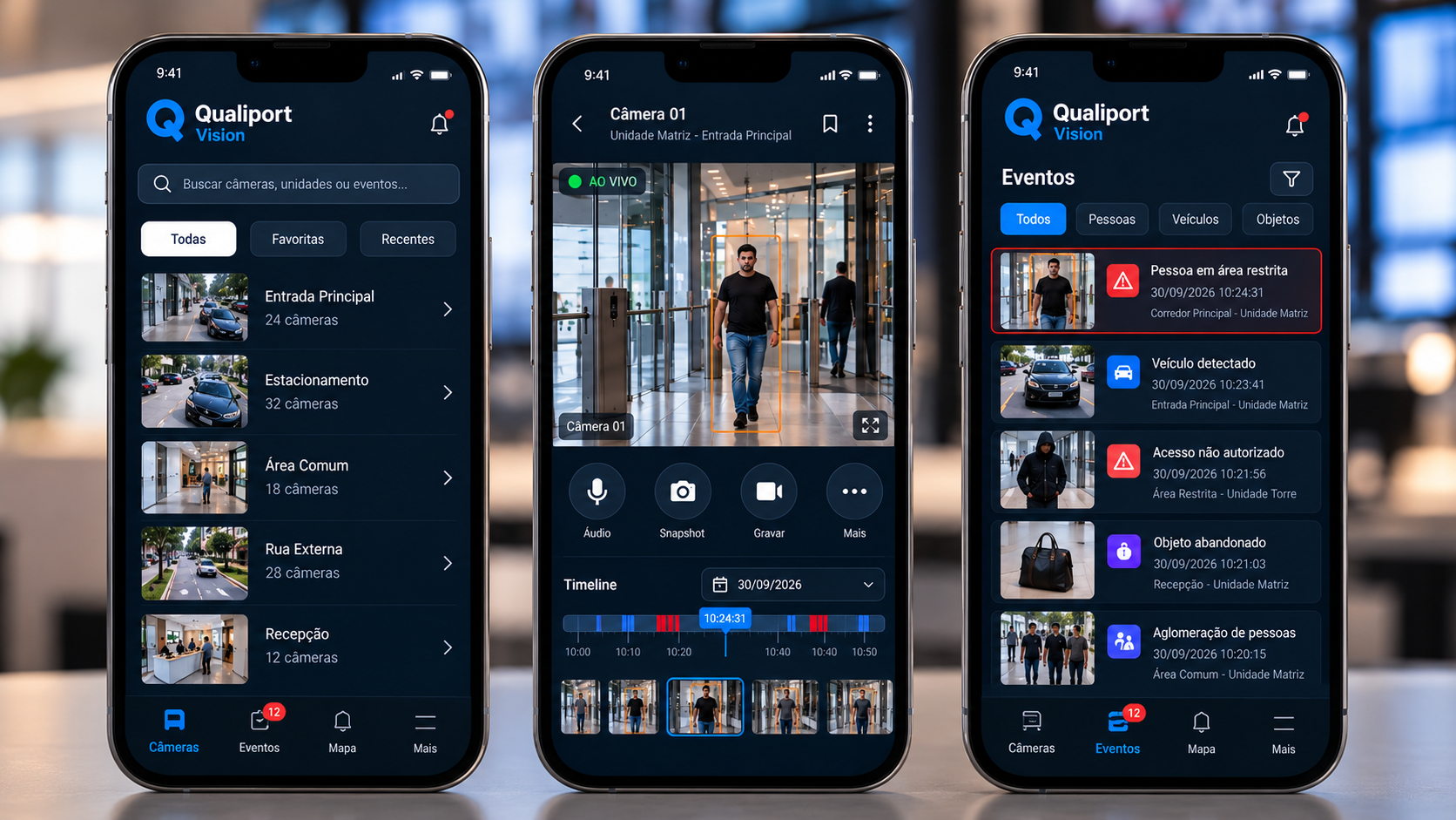 Aplicativo Qualiport Vision em três smartphones: câmeras, vídeo ao vivo e eventos